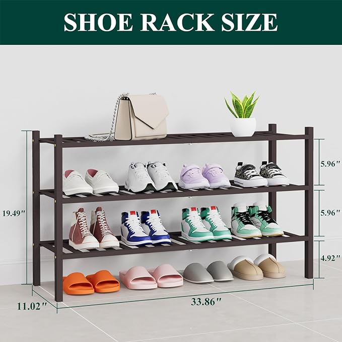 Smiry Long Bamboo Shoe Rack, 3 Tier Free Standing Wooden Shoe Organizer, Stackable Wood Shoe Storage Shelf for Closet, Entryway, 14 Vertical Slats, 2+1 Stack Heavy-Duty Legs, 33.7"x11"x19.5", Brown