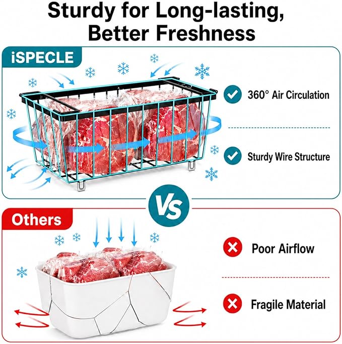 iSPECLE Freezer Organizer Bins - Fits 7 Cu.Ft Chest Freezer, 4 Pack Stackable Deep Freezer Organizer Bins (14.7" L) Easy Get Bottom Food with Handle, Wire Baskets Rust Resistant Sort Frozen Food