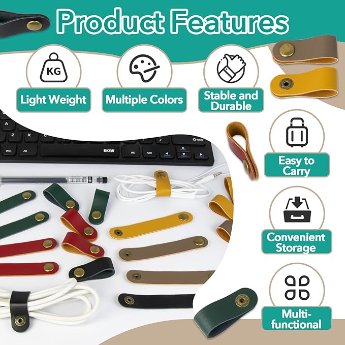 20 Pcs Leather Cord Organizer - Multiple Colors Leather Cable Straps Cord Organizer for Charging Cords, Reusable Cable Clips Leather, Multipurpose Leathers Wire Cable Ties(5 Colors)