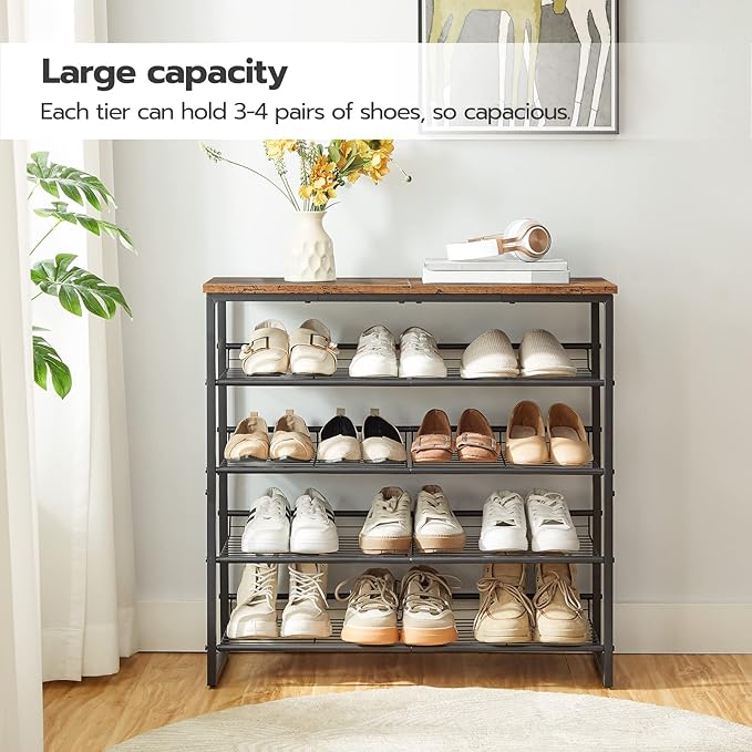 HOOBRO Shoe Rack, 5 Tier Shoe Organizer for Front Door Entrance, Shoe Shelf with Adjustable Tilt Angle, Holds 16-20 Pairs, for Entryway, Garage, Closet, Rustic Brown and Black BF08XJ01