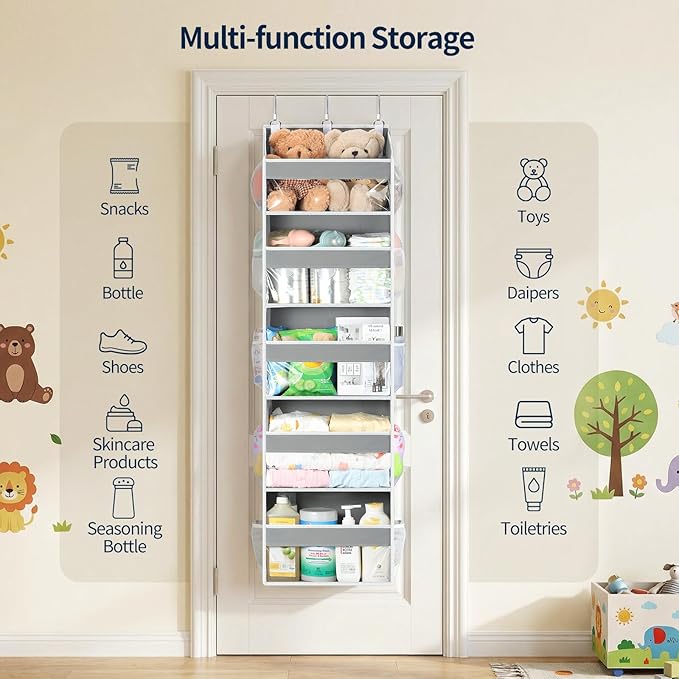 Yecaye Over the Door Organizer 5 Tiers, Heavy Duty Hanging Storage with 5 Large Clear PVC Pockets and 10 Side Pockets, 56lbs Capacity for Closet Door Bathroom Bedroom Nursery Dorm Laundry Room, Grey