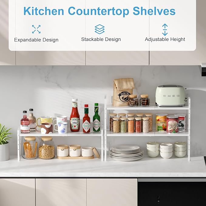 15.5 to 25.5 Inch Kitchen Cabinet Shelf Organizers, Adjustable Kitchen Counter Shelf Organizer, Set of 4 Expandable Countertop Storage Shelves, Stackable Design, 30LBS Heavy Duty, Space Saver