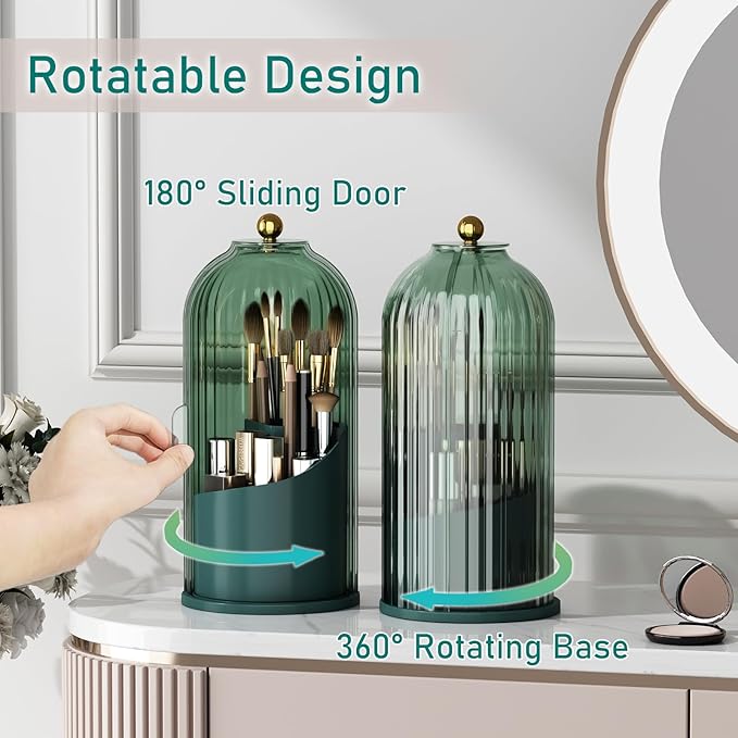 GAXmi Makeup Brush Holder with Lid Cosmetic Tools Organizer 360 Rotating Waterproof Dustproof Beauty Brushes Storage for Vanity, All Green | with Lid