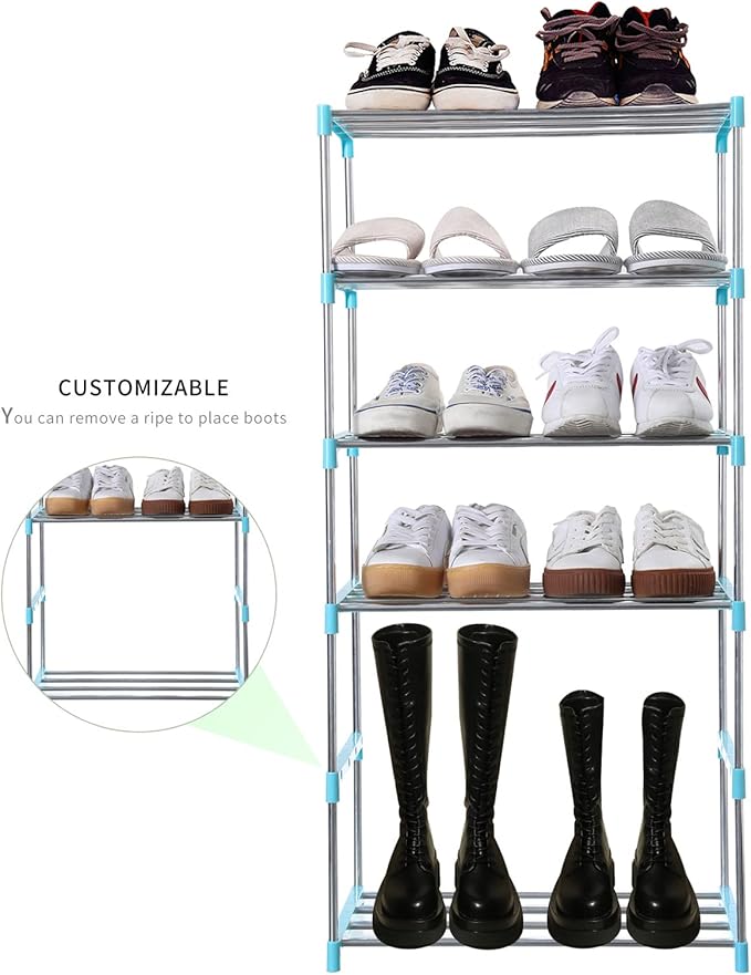 Jucaifu Stackable Small Shoe Rack, Entryway, Hallway and Closet Space Saving Storage and Organization (4-Tier, Blue)