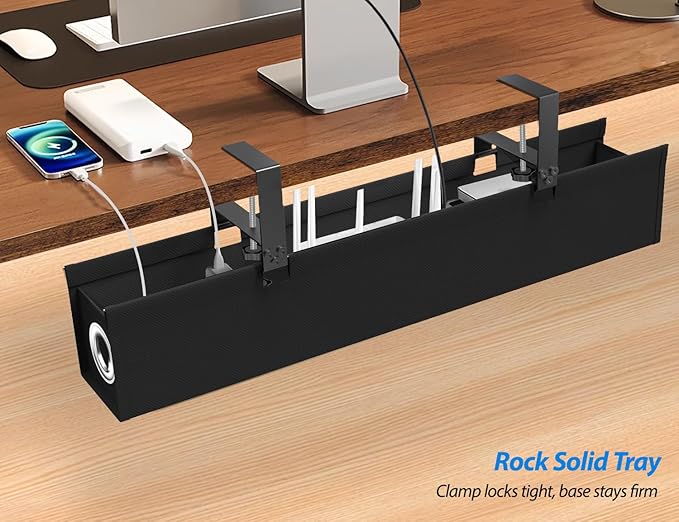 [Upgraded] Large Under Desk Cable Management Tray No Drill, Suolaao 30" Cord Organizer with Oxford Fabric, Clamp Mount, Holds 30 lbs, Large Cable Rack for Gaming & Home Office Standing Desk
