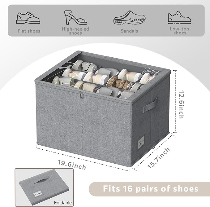 Shoe Organizer for Closet, 2 Pack Foldable Shoe Storage Box with Clear Cover and Adjustable Dividers, Stackable Storage Bins for Boots, Fits up to 32 Pairs (Grey, 19.7 × 15.7 × 12.6 in)