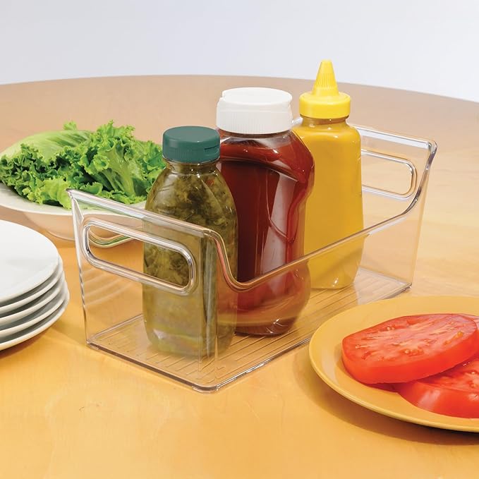 iDesign Condiment Organizer for Fridge - Plastic Fridge Organizer Bins with Handles, Set of 4, Clear