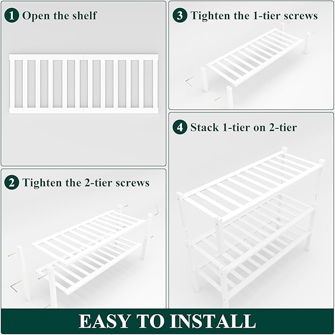 Smiry Bamboo Shoe Rack, 3 Tier Free Standing Wooden Shoe Organizer, Stackable Wood Shoe Storage Shelf for Closet, Entryway, 14 Vertical Slats, 2+1 Stack Heavy-Duty Legs, 26.8"x11"x19.5", White