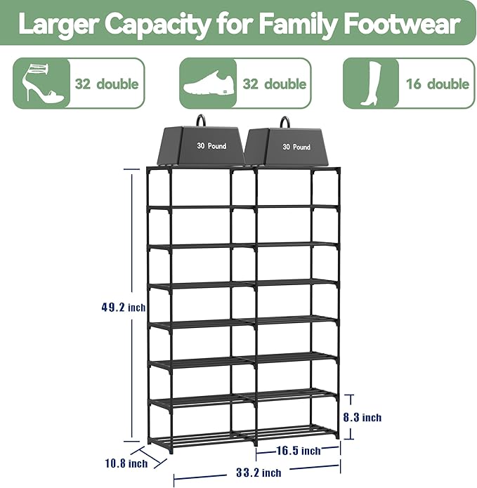 Large Shoe Rack Organizer, 2-Row 8-Tier Tall Shoe Storage Shelf for Closet
