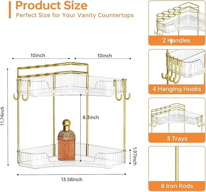 2-Tier Corner Bathroom Counter Organizer，Makeup & Skincare Shelf with Built-in Brush Holder，Space-Saving Bathroom Countertop Organizer for Skincare, Perfume, Cosmetics(Clear)