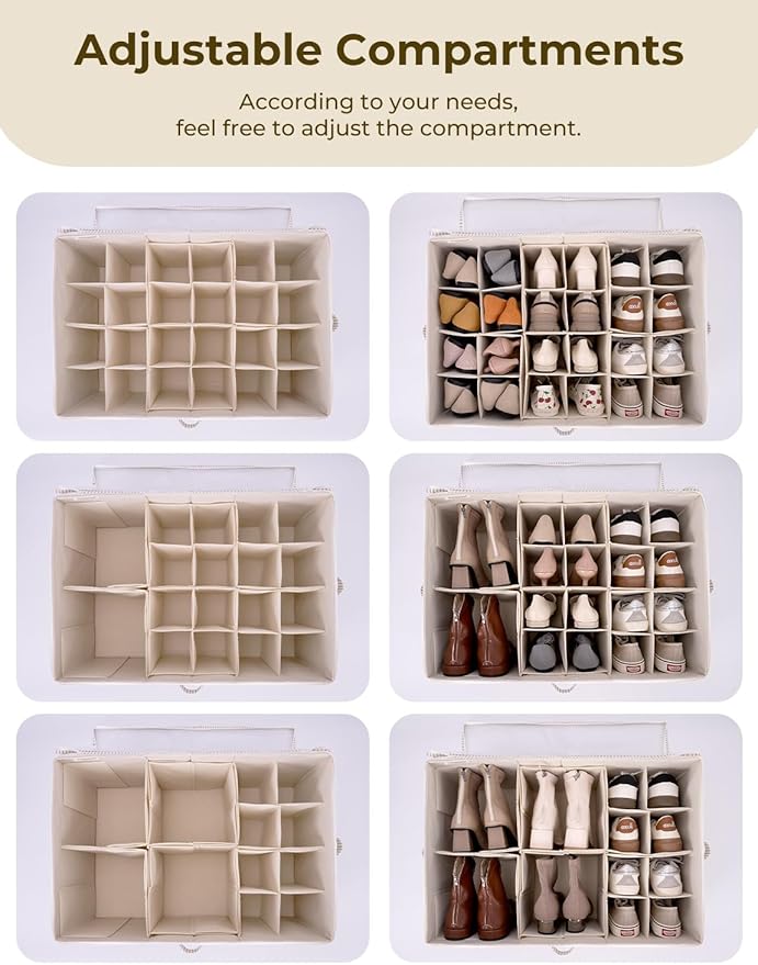 StorageWorks Shoe Organizer for Closet, Fits up to 24 Pairs, Shoe Cubby Storage Containers with Adjustable Dividers and Clear Cover, Khaki and Beige Stripes