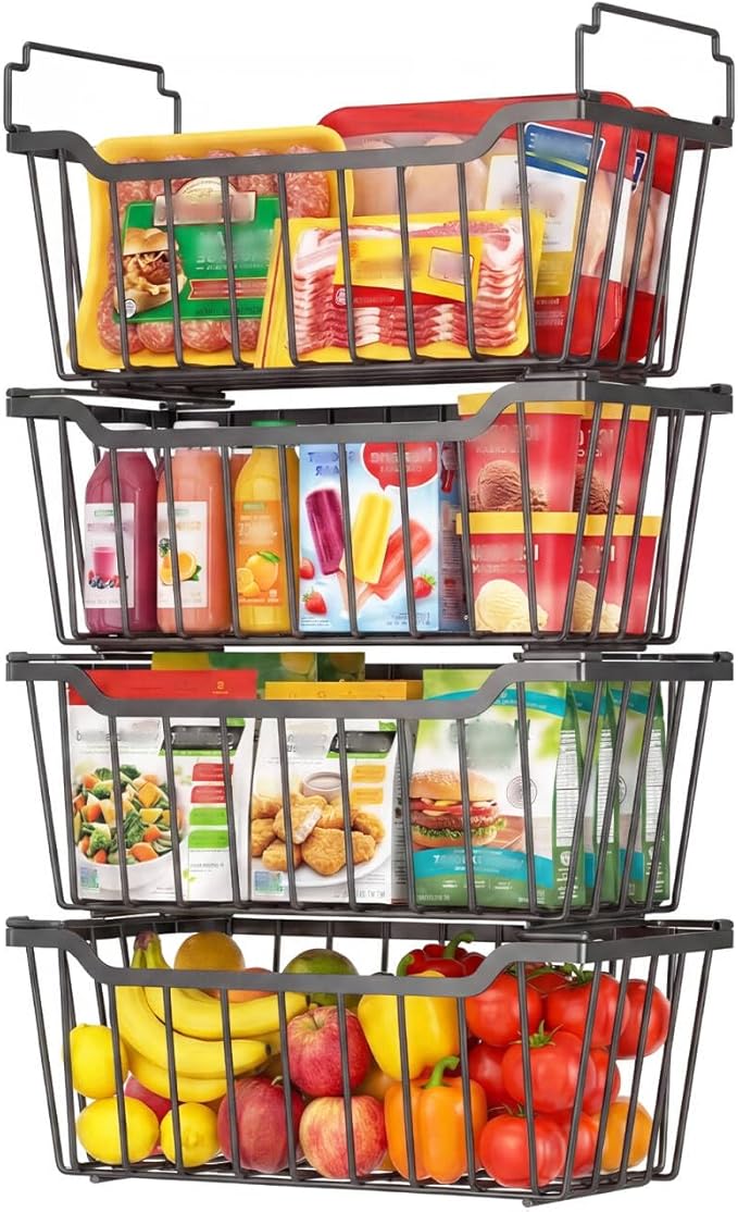 Goovilla Freezer Organizer Bins with Foldable Handle, 4 Pack Stackable Freezer Baskets for 3.5-7 Cu.FT Deep Chest Freezer Organization, Coated Metal Freezer Storage Bins with Better Space Utilization