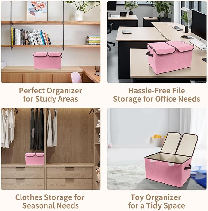 Foldable Fabric Storage Box, 16.5 x 11.8 x 9.8 inches (L x W x H), with Double-Lid & Dividers, Large Organizer for Home, Closet, Office(Pink, 4 Packs)