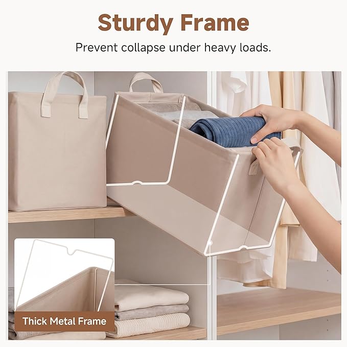 StorageWorks Fabric Storage Bins, Large Storage Baskets for Shelves, Closet Organizers and Storage Bins with Metal Frame, Handles, Light Brown, 2-Pack