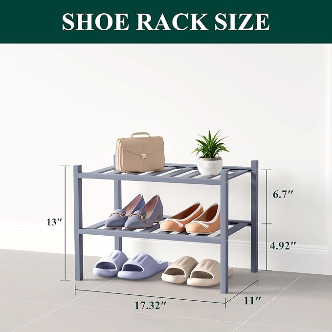 Smiry Bamboo Shoe Rack for Closet, 2 Tier Small Wooden Shoe Organizer, Stackable Wood Shoe Storage Shelf for Entryway, 14 Vertical Slats, One-piece Heavy-Duty Legs, 17.32"x11.02"x12.99", Grey