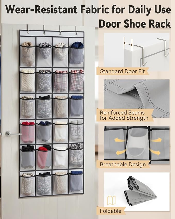 dodowin Over the Door Shoe Organizers, 2 Pack (1 Black & 1 Grey), Each with 24 Deep Mesh Pockets, Over The Door Shoe Rack, Space Saving Hanging Storage Holder for Closets, Shoes & Accessories