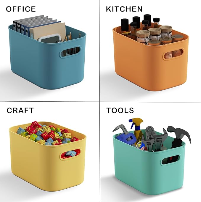 ORGIDOL 12 Pack Colorful Plastic Storage Bins, Storage Container for Organizing, Colored Storage Boxes with Handle for Shelves, Cute Organizer Bins for Craft, Snacks, Cabinet, 9.69x6.7x5.7 inch