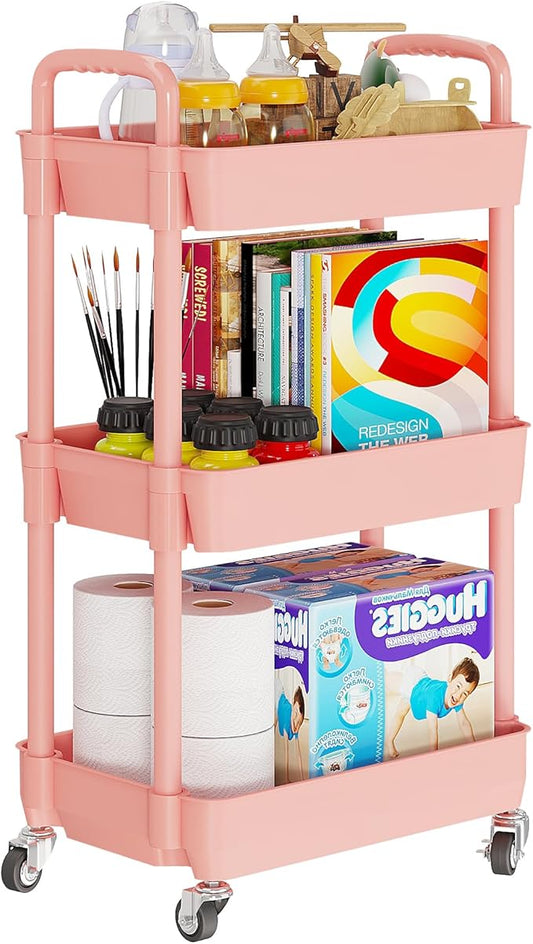 3-Tier Rolling Cart with Wheels, Multifunction Utility Storage Carts, Pink