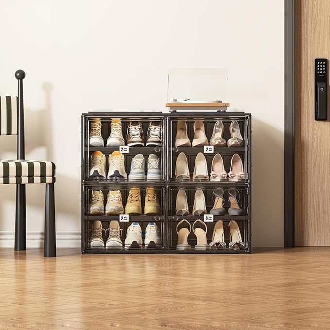 Vipbox Black Shoe Rack Organizer Cabinet for Closet Entryway,Clear Shoe Storage Boxes Stackable Sneaker Storage with Door Easy Assembly Shoe Cabinet with Lids Large 4 Tiers 16 Pairs