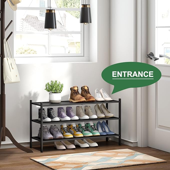 kiplant Black Long Shoe Rack, 3-Tier Bamboo Wood Shoe Rack for Entryway, Stackable | Foldable | Natural, Shoe Organizer for Hallway Closet, Free Standing Shoe Racks for Indoor Outdoor