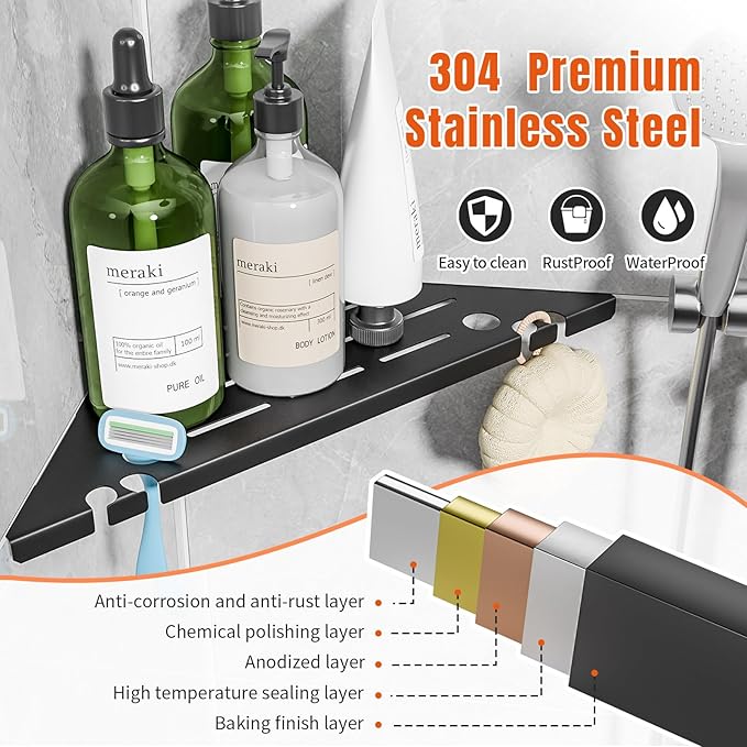 Permanent Grout-in Corner Shower Shelves with Hooks
