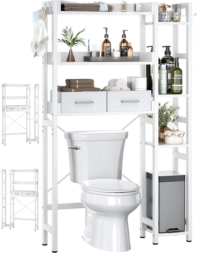 Besiost Over The Toilet Storage with 2 Drawers - 7 Tier Bathroom Organizer with Adjustable Shelf, Freestanding Space Saver Storage Rack Above Toilet Stand with 4 Hooks for Restroom, Laundry, White