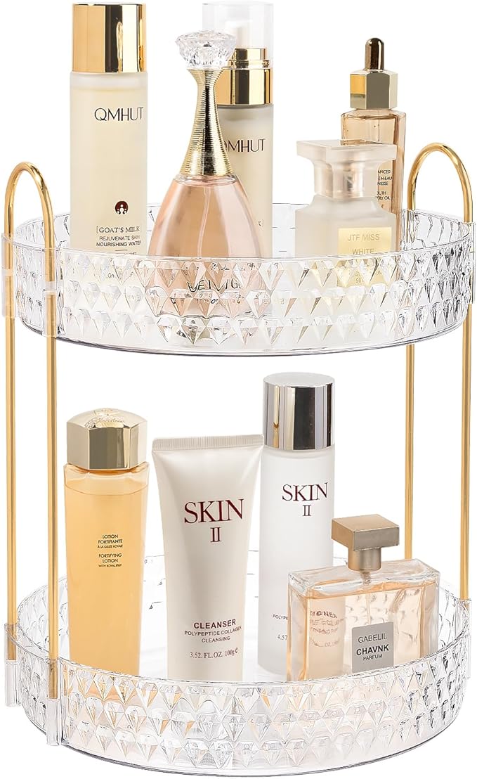 Rotating Makeup Organizer for Vanity, 2 Tier Perfume Skincare Storage for Women