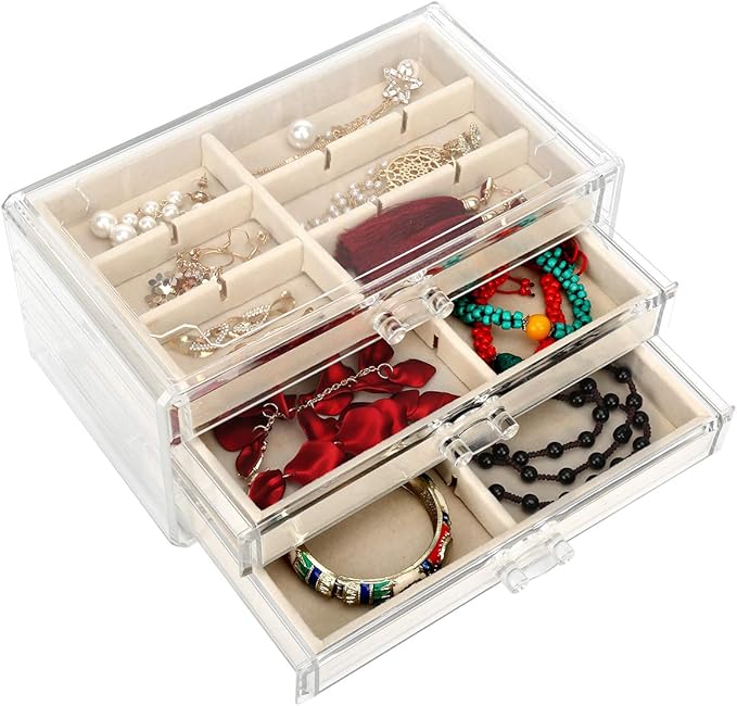 FEISCON Acrylic Jewelry Organizer Makeup Cosmetic Storage Organizer box Clear Jewelry Case with 3 Drawers Adjustable Jewelry Box Velvet Trays grid size