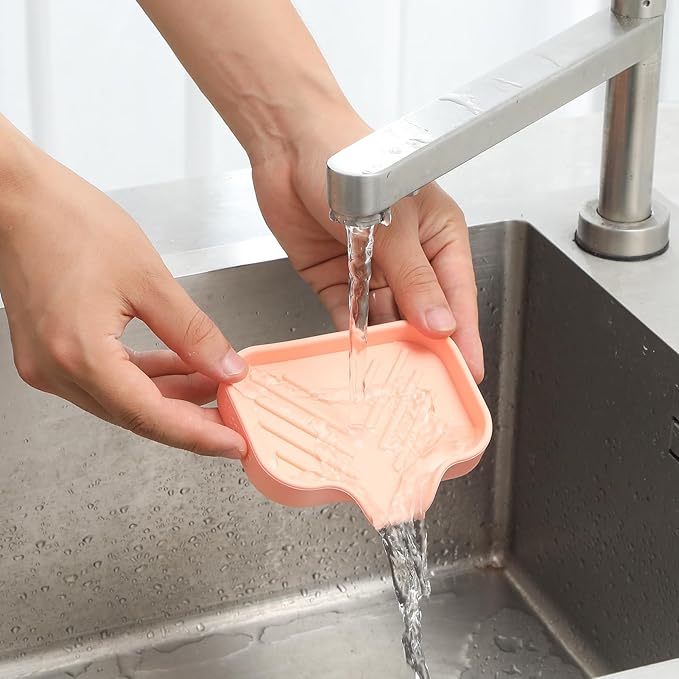 MicoYang Silicone Soap Dish with Drain Spout — Self-Draining Sink Organizer Tray for Bathroom & Kitchen, Holds Bar Soap, Sponges & Dispensers, Non-Slip & Dishwasher Safe, Pink (Small, 4.9"×3.2")