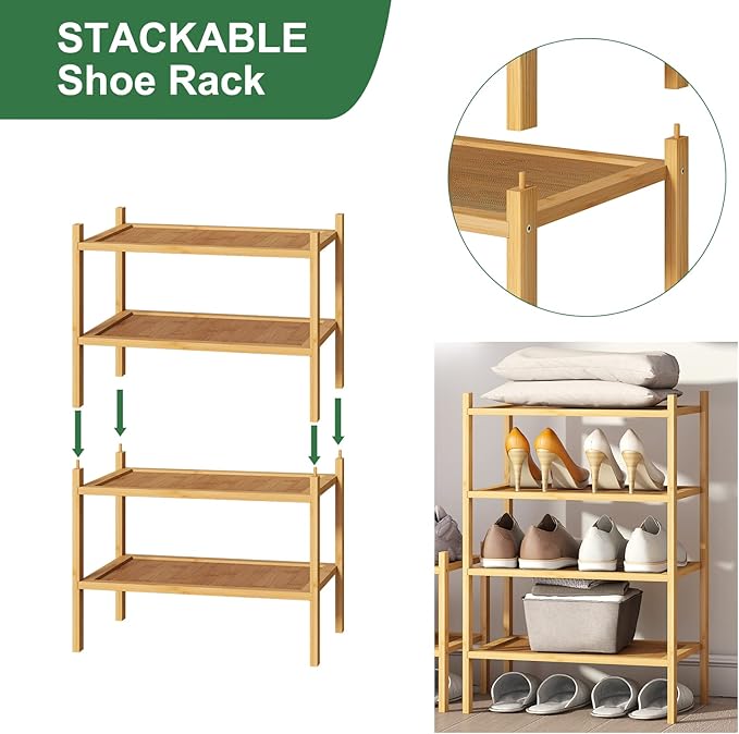 kiplant Small Shoe Rack, 4-Tier Bamboo Wood Shoe Rack for Entryway, Stackable Shoe Organizer for Hallway Closet, Free Standing Shoe Racks for Indoor & Outdoor
