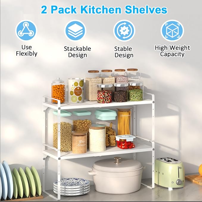 15.5 to 25.5 Inch Expandable Kitchen Cabinet Organizer Shelf, 30 LBS Heavy Duty Stackable Kitchen Counter Storage Shelves Organizers, 2 Pack Adjustable Small Storage Shelf Rack For Cabinet Cupboard