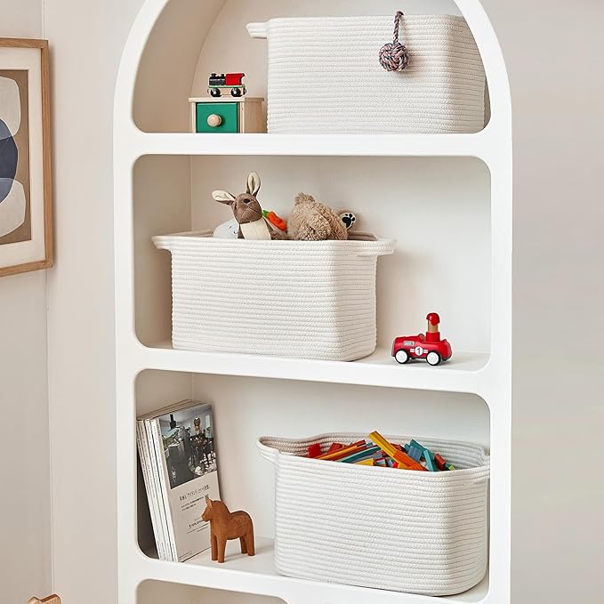 R RUNKA Cotton Rope Basket Set of 3 (15"x10.2"x9.1") - Rectangle Storage Bins - Versatile Toy Storage Organizer - Perfect for Kids, Dog Toys, Books, Shelves - White