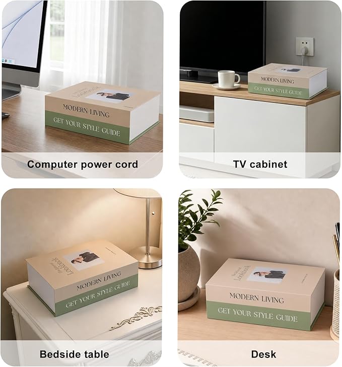 Book Shape Cable Management Cardboard Box with Magnetic Lid - Decorative Storage Organizer to Hide Cords, Power and Computer Cables & Routers for Home Office Decor (12.4 x 8.6 x 3.9 in) Blonde&Green