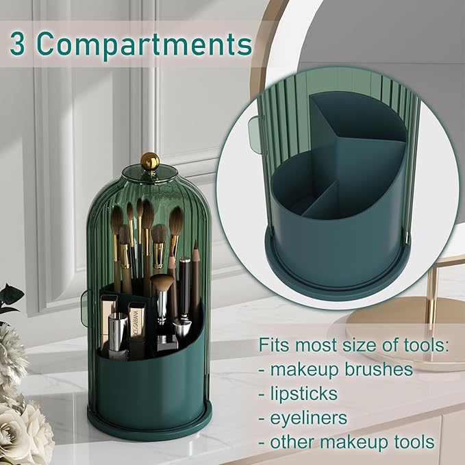 GAXmi Makeup Brush Holder with Lid Cosmetic Tools Organizer 360 Rotating Waterproof Dustproof Beauty Brushes Storage for Vanity, All Green | with Lid