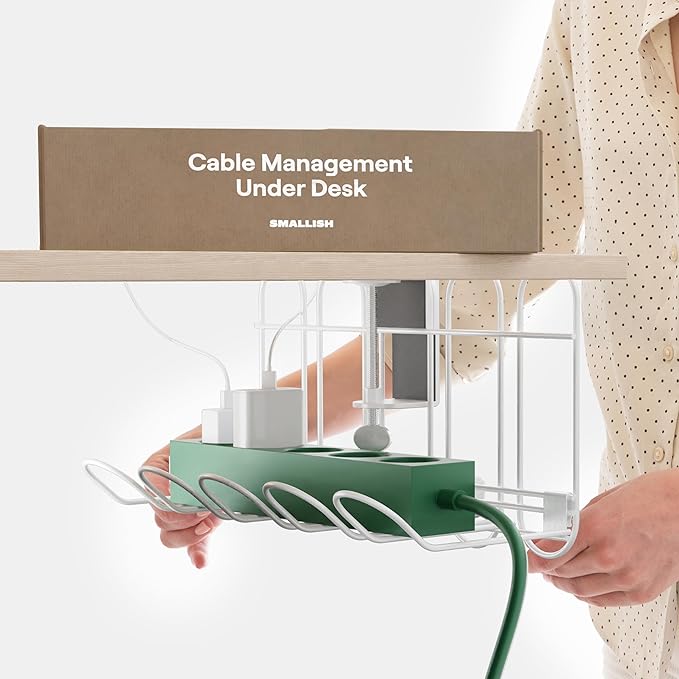 CarryUp Under Desk Cable Tray, No Drill Wire Management Clamp, Computer Cord Organizer, Cable Hider & Holder, Cord Keepers for Home Office Organization, Powder Coated Metal, Dorm Essentialss - Cream