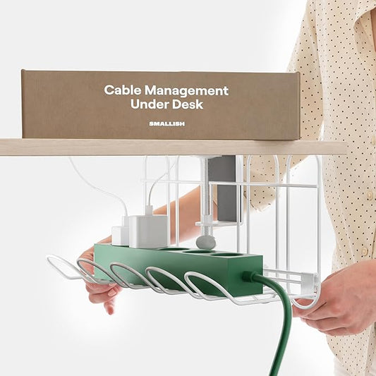 Under Desk Cable Tray, No Drill Wire Management Clamp, Cream