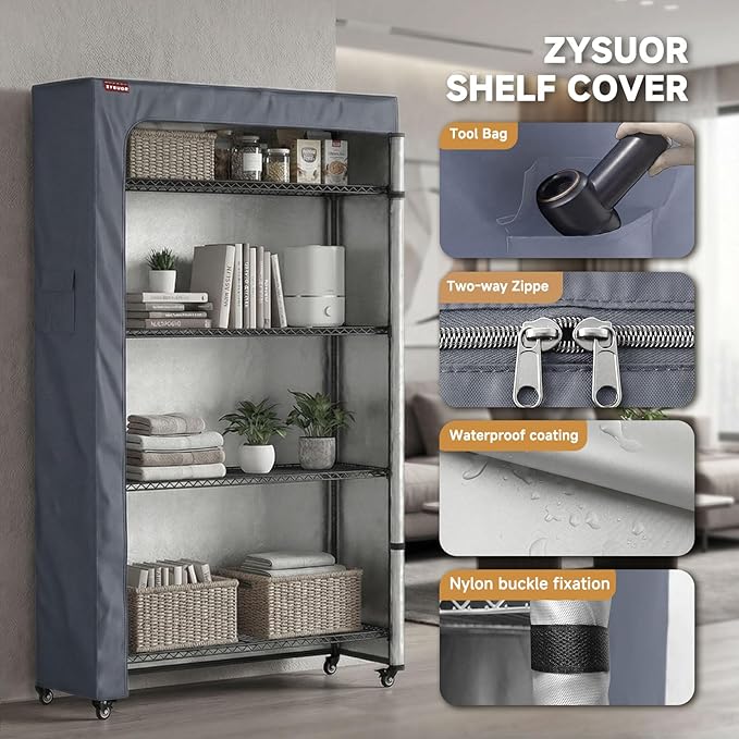 Waterproof Shelving Cover, Fits 48" W x 18" D x 72" H, 600D Heavy Duty Wire Shelf Cover with Two-Way Zipper, Dustproof Rack Cover for Kitchen Pantry & Laundry Room (No Shelves Included)