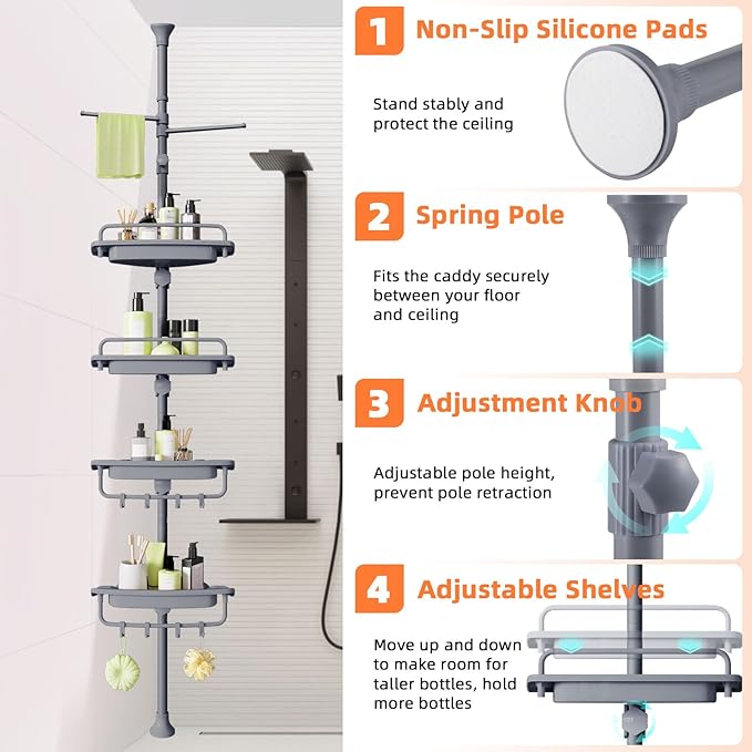 32-122inch Corner Shower Caddy Tension Pole Grey