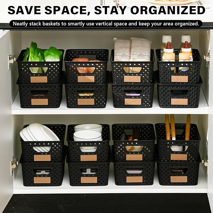 10 Pack Small Plastic Storage Bins with Lids, Stackable Plastic Storage Baskets for Organizing with Handles, Organizer Bins with Labels for Room, Craft, Containers for Pantry Organizers and Storage