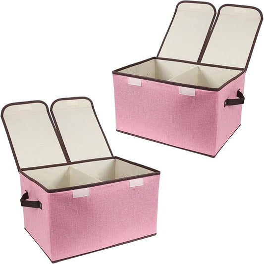 Foldable Fabric Storage Box with Double-Lid & Dividers, Pink, 2 Packs