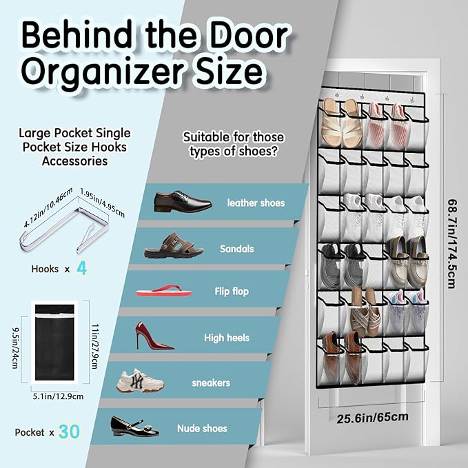 Kotkn 30 Compartment Breathable Mesh Pocket Over the Door Hanging Over the door