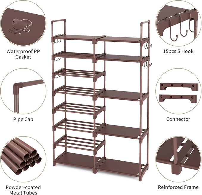Shoe Rack Organizer, 8-Tier Metal Shoe Rack for Closet Entryway Garage, Brown
