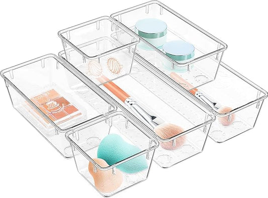 6 Pack Clear Drawer Organizer Set, Acrylic Drawer Storage Trays, Office