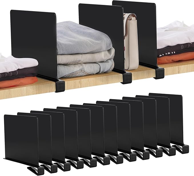 DECOR 12 Pack Acrylic Matte Black Shelf Dividers for Closets Organizer