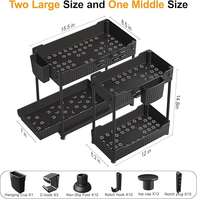 Sevenblue 3 Pack Under Sink Organizers, 2-Tier Multi-Use Kitchen and Bathroom Organizers and Storage with Sliding Drawers, Bathroom Cabinet Organizer (Black, 14.8 Inch)