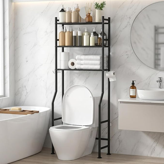 3-Tier Over Toilet Storage with Anti-Tilt Safety System, 64" H, Black