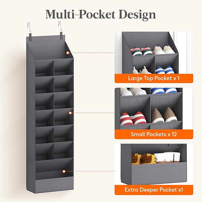 8 Tier Over the Door Shoe Organizer with 15 Large Deep Pockets, Gray