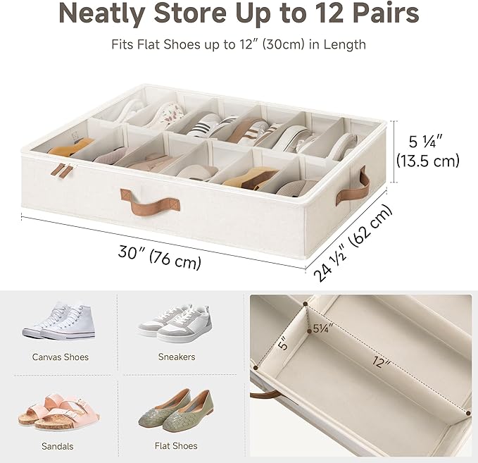 StorageWorks Underbed Shoe Storage Organizer for Closet, 2-Pack Under Bed Shoe Organizer with Bottom Support and Adjustable Dividers, Fits up to 24 Pairs, Beige
