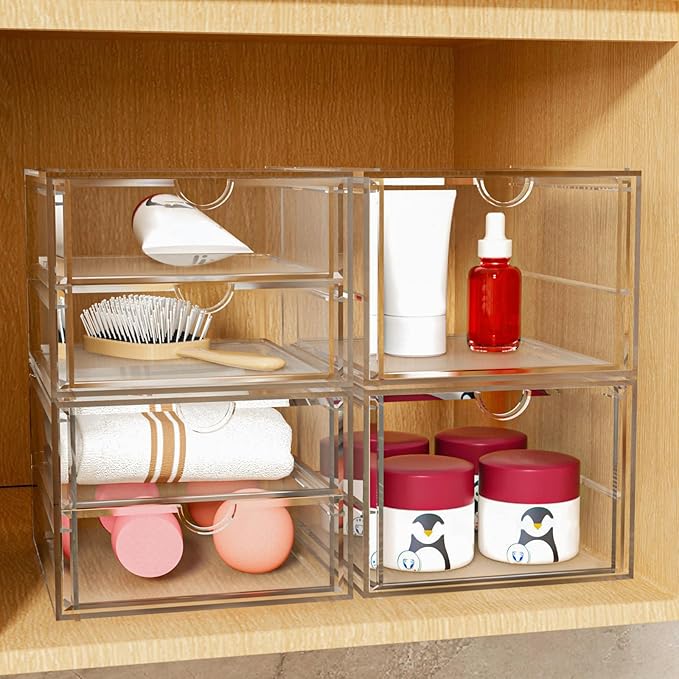 Caktraie Acrylic Makeup Organizer, 4 Pack Drawer Organizer