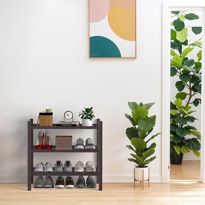 Haddockway Small 3 Tier Bamboo Shoe Rack Storage Organizer, Multifunctional Free Standing Stackable Shoe Shelf with Grid Panel for Closet,Hallway,Entryway,Small Space 18"x11"x17"